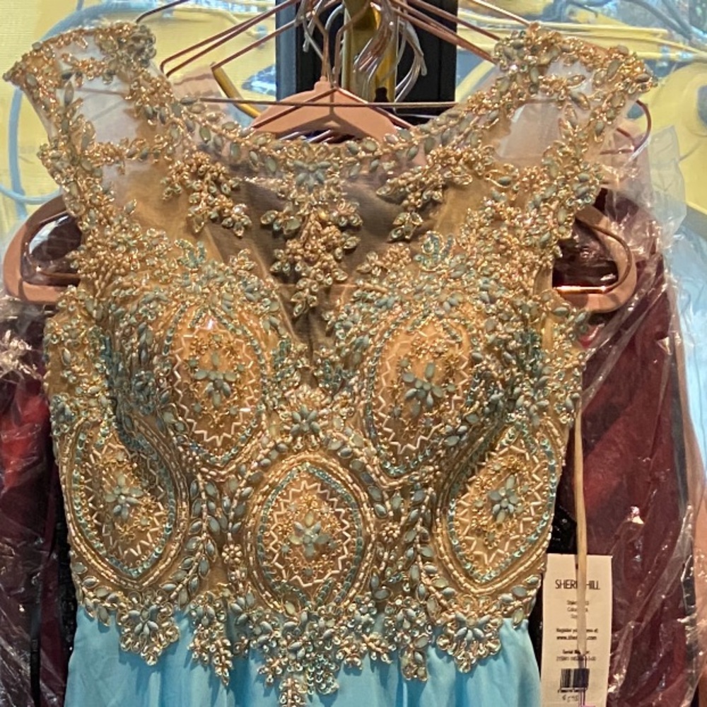 Embellished Illusion Neck Blue Evening Dress